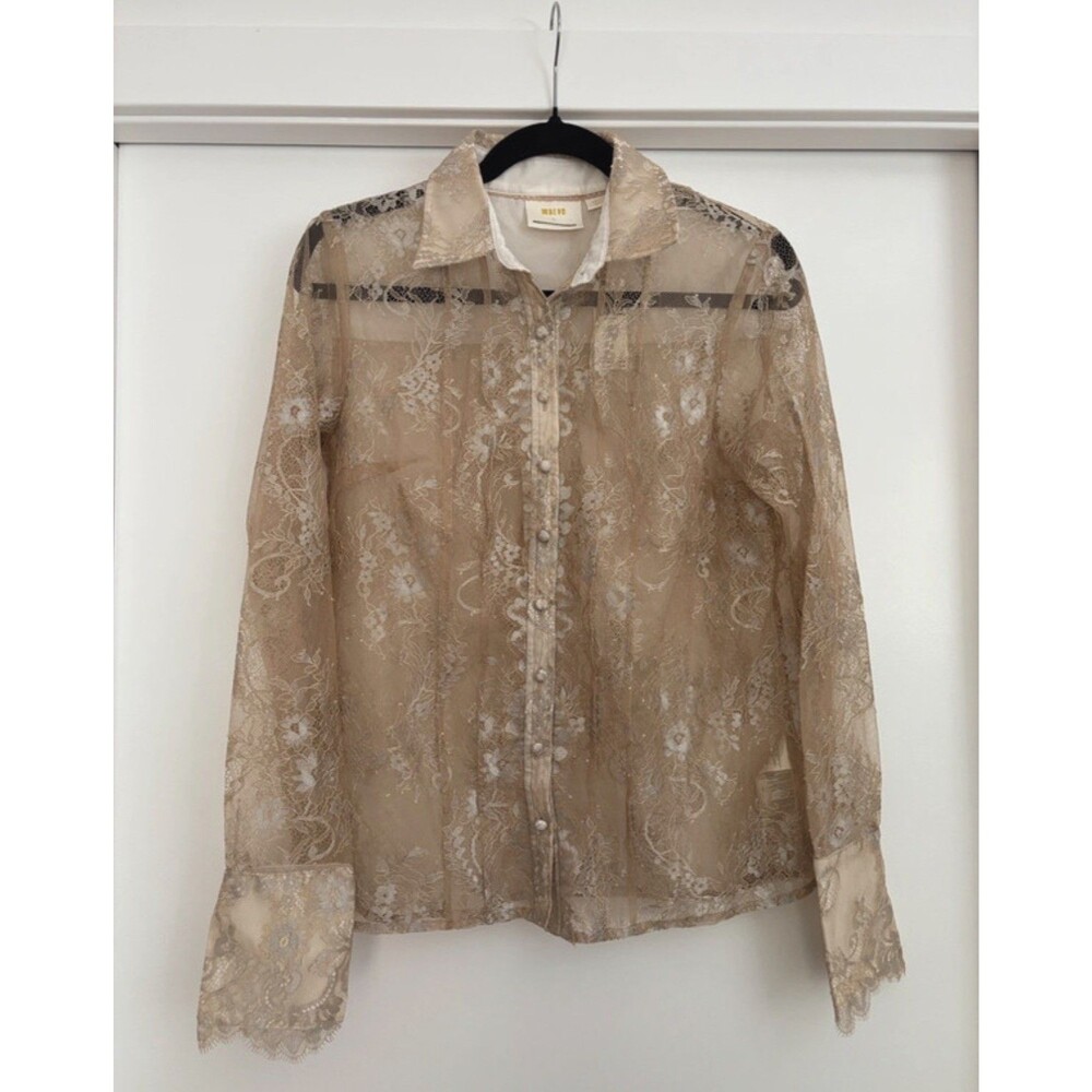 Anthropologie Maeve Lace Sheer Long Sleeve Blouse S Gold Feminine Coquette